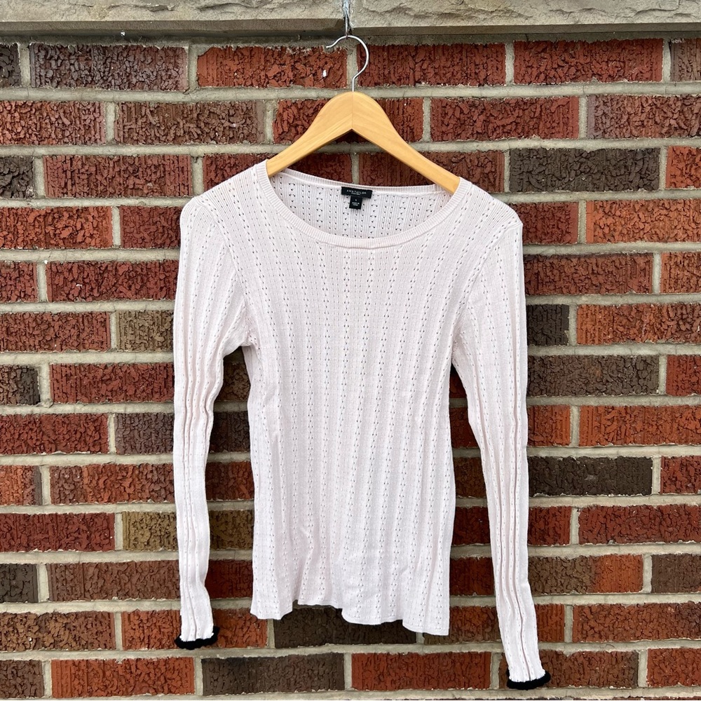 Banana Republic Baby Pink Open Knit Crewneck and Black Trim Cuff Sweater
